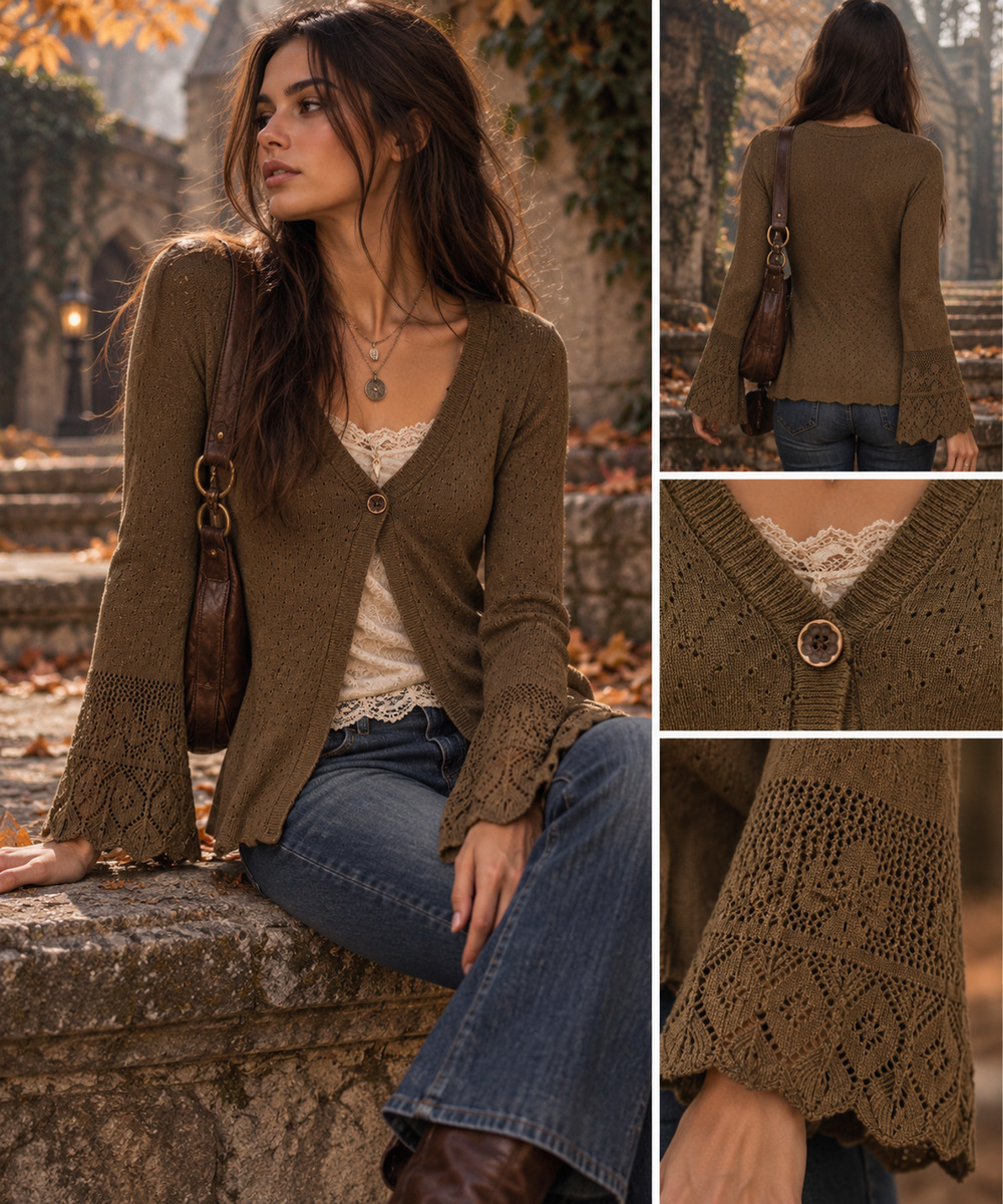 Vintage Y2K Coolwear L Brown Pointelle Bell Sleeve Cardigan Elena Gilbert Fairy
